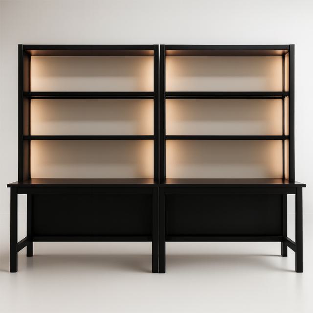 Bar-Rückwandregal, schwarz - inkl. Beleuchtung und inkl. Aufsatz
Grundmaß: 1,50m x 0,70m
Gesamthöhe: 2,27m
Breite: 1,50m